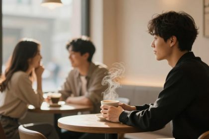 A person sits at a café table holding a steaming cup, gazing thoughtfully. In the background, a couple converses, slightly blurred.