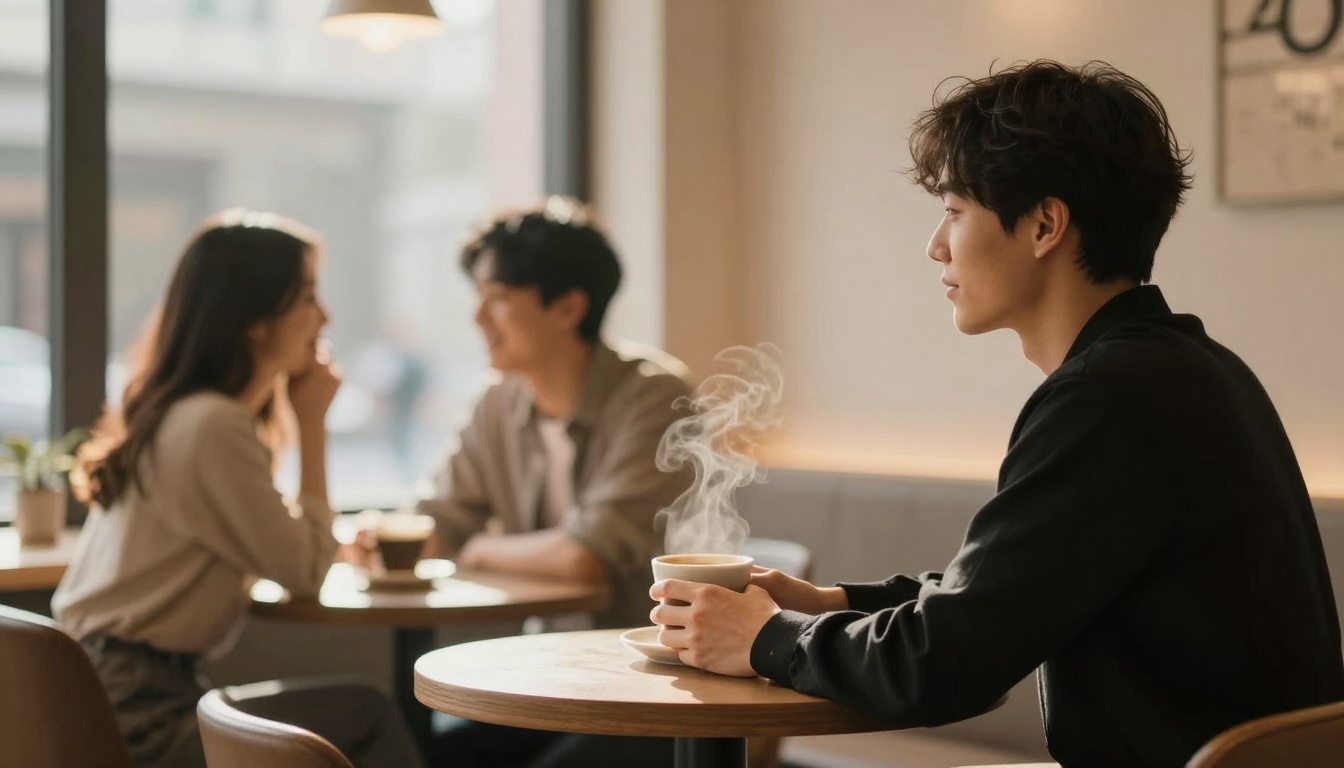 A person sits at a café table holding a steaming cup, gazing thoughtfully. In the background, a couple converses, slightly blurred.
