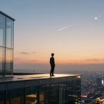 A person stands on a rooftop at sunset, gazing at a meteor streaking across the sky. City lights are visible below.