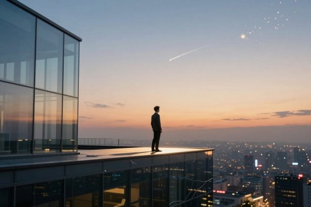 A person stands on a rooftop at sunset, gazing at a meteor streaking across the sky. City lights are visible below.