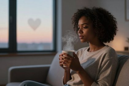 A person with curly hair is sitting on a couch, holding a steaming cup. A window shows a sunset sky with a heart shape visible.