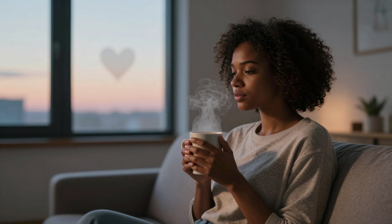 A person with curly hair is sitting on a couch, holding a steaming cup. A window shows a sunset sky with a heart shape visible.