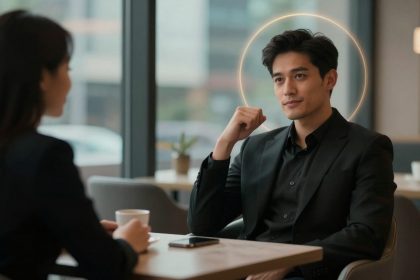 A man in a black suit sits at a cafe table, resting his chin on his hand, facing a woman with long hair. A phone and cup are on the table.