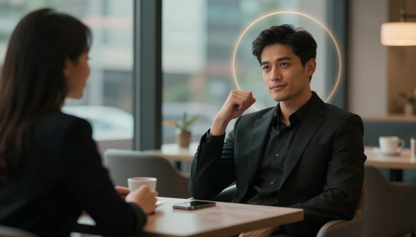 A man in a black suit sits at a cafe table, resting his chin on his hand, facing a woman with long hair. A phone and cup are on the table.