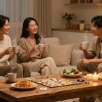 Three people sit on a sofa and chair, drinking from mugs in a warmly lit room. A board game, salad, pasta, bread, and candles are on the wooden coffee table.