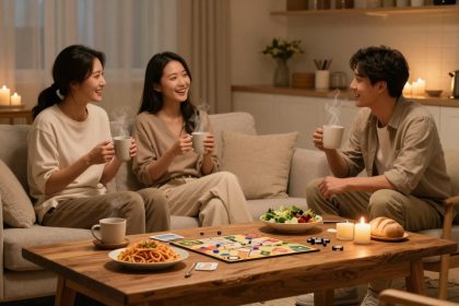 Three people sit on a sofa and chair, drinking from mugs in a warmly lit room. A board game, salad, pasta, bread, and candles are on the wooden coffee table.