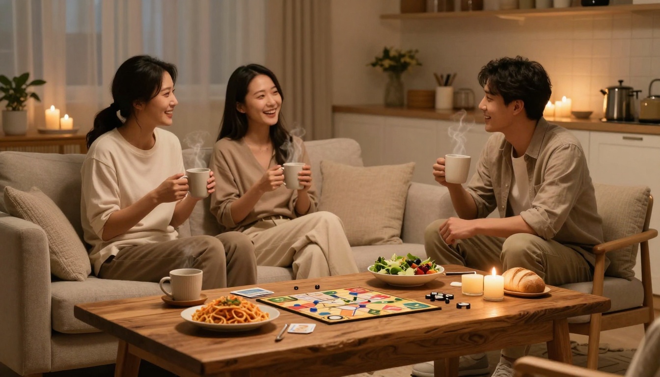 Three people sit on a sofa and chair, drinking from mugs in a warmly lit room. A board game, salad, pasta, bread, and candles are on the wooden coffee table.
