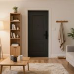 A cozy living room with a gray door, beige walls, and wooden floor. Two gray sofas with brown cushions face each other. A wooden coffee table with mugs sits on a fluffy rug. A bookshelf with books and decor is beside a tall lamp. A coat rack with hanging towels and a potted plant are near the door.