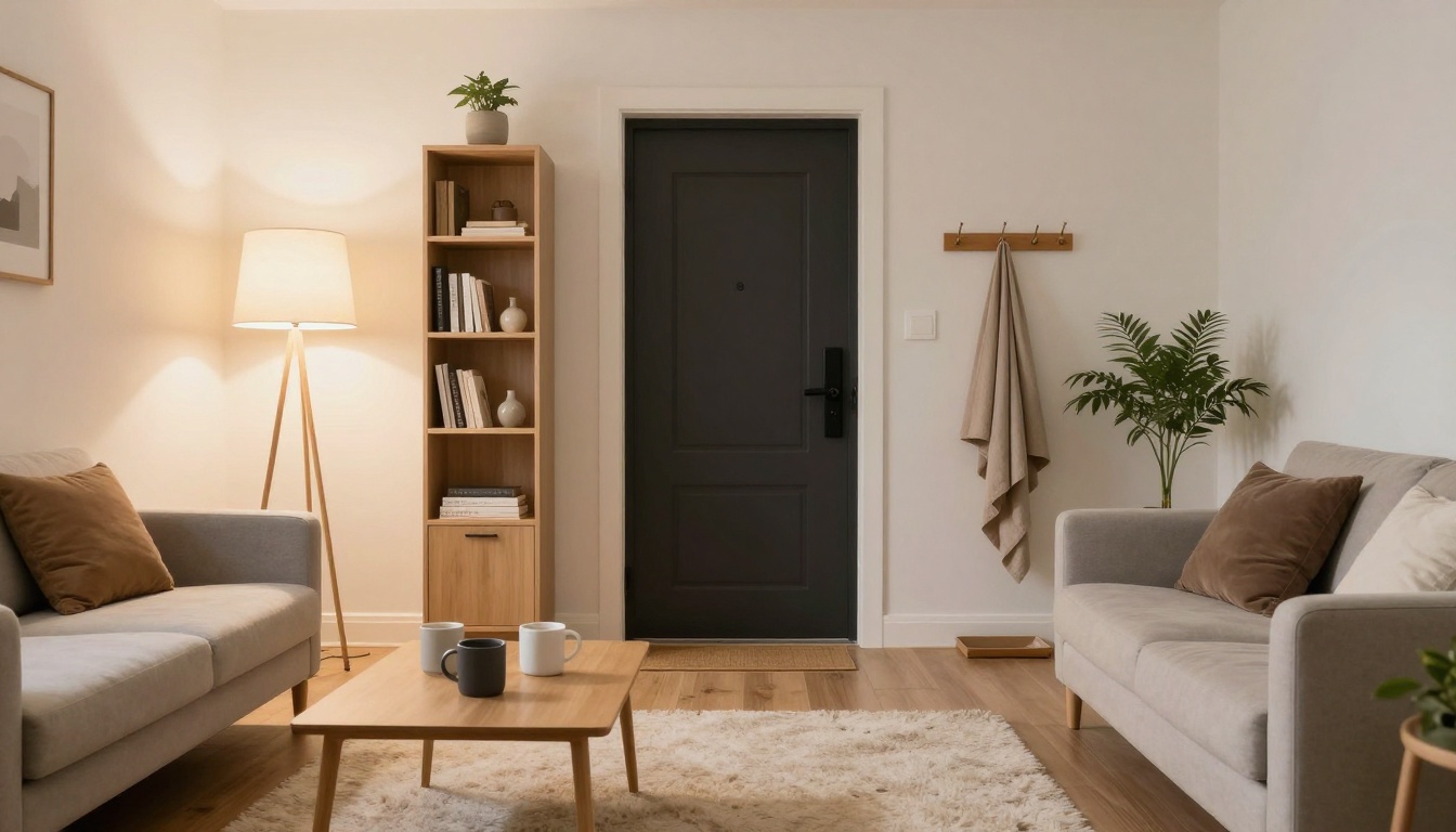 A cozy living room with a gray door, beige walls, and wooden floor. Two gray sofas with brown cushions face each other. A wooden coffee table with mugs sits on a fluffy rug. A bookshelf with books and decor is beside a tall lamp. A coat rack with hanging towels and a potted plant are near the door.