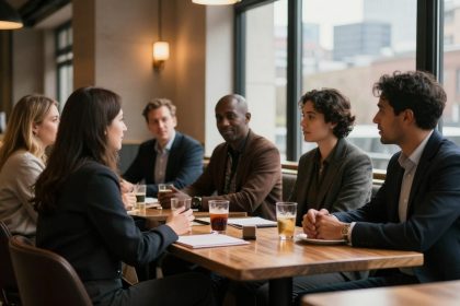 A group of six people in formal attire are engaged in a meeting at a wooden table in a modern cafe. They have drinks and notebooks in front of them, with large windows and city buildings visible in the background.
