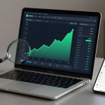 A laptop displays a green upward-trending graph on its screen, with a magnifying glass resting on the keyboard. Next to it, a smartphone displays a cryptocurrency app, with a red digital currency icon floating above it. The setting is a modern workspace.