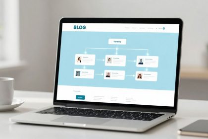 A laptop on a desk displays a flowchart on a blog page. The background is light blue with white text boxes connected by lines. A cup of coffee and a smartphone are on the desk.