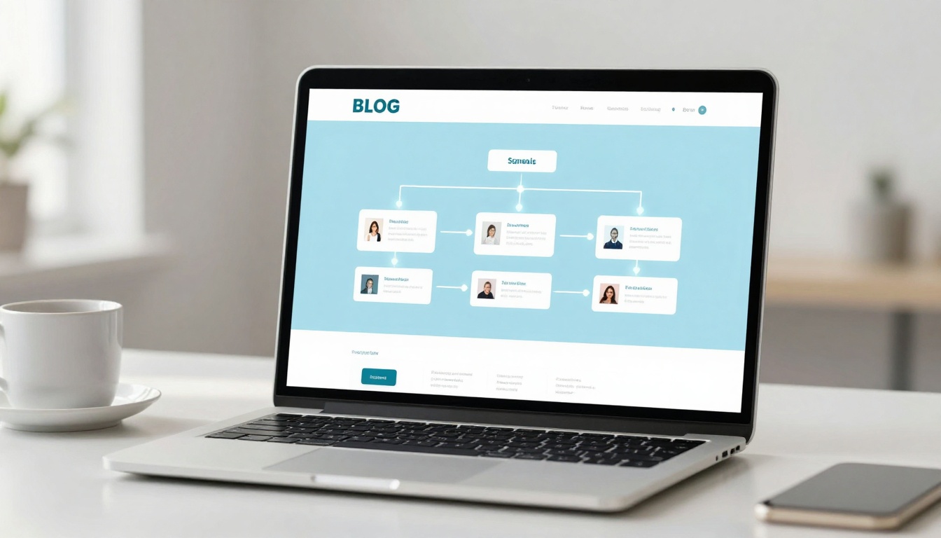 A laptop on a desk displays a flowchart on a blog page. The background is light blue with white text boxes connected by lines. A cup of coffee and a smartphone are on the desk.