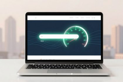 A laptop displaying a digital speedometer on its screen, with a glowing green needle pointing to 70. The background shows blurred city buildings.