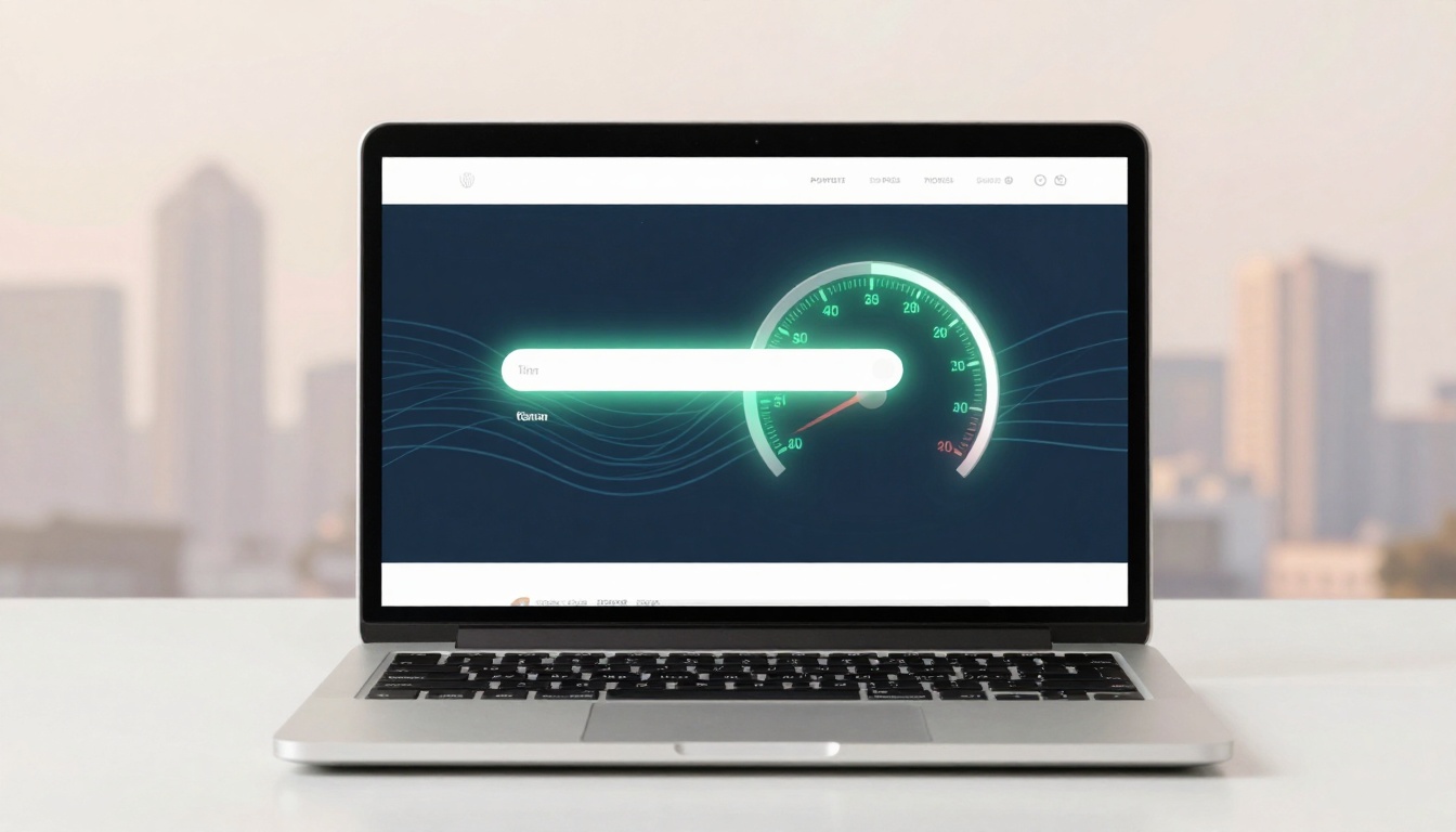 A laptop displaying a digital speedometer on its screen, with a glowing green needle pointing to 70. The background shows blurred city buildings.