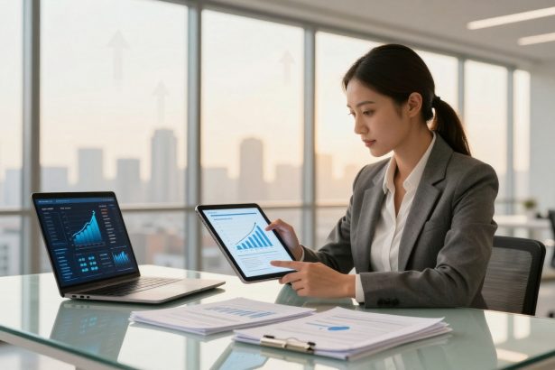 A woman in a gray suit works at a desk in a modern office. She is holding a tablet displaying graphs and has a laptop with similar charts. Papers are on the desk, and a cityscape is visible through large windows.