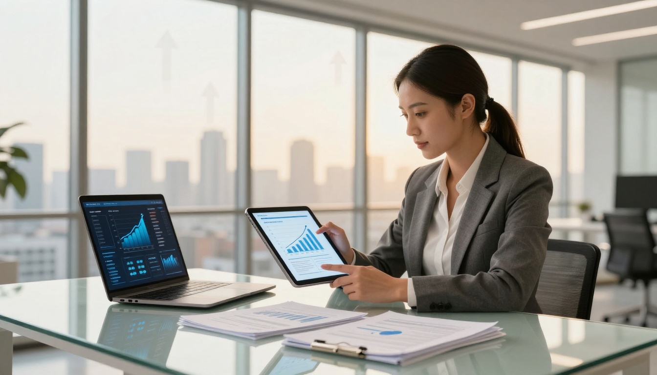 A woman in a gray suit works at a desk in a modern office. She is holding a tablet displaying graphs and has a laptop with similar charts. Papers are on the desk, and a cityscape is visible through large windows.