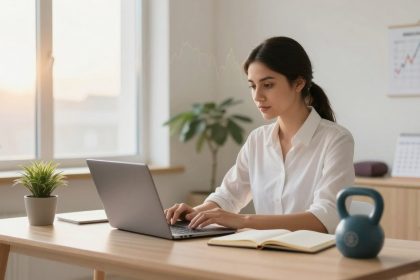 A woman in a white shirt works on a laptop at a wooden desk. Nearby are a potted plant, an open notebook, and a blue kettlebell. Sunlight filters through a window, and a wall calendar with a graph is visible in the background.