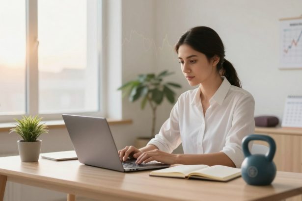 A woman in a white shirt works on a laptop at a wooden desk. Nearby are a potted plant, an open notebook, and a blue kettlebell. Sunlight filters through a window, and a wall calendar with a graph is visible in the background.