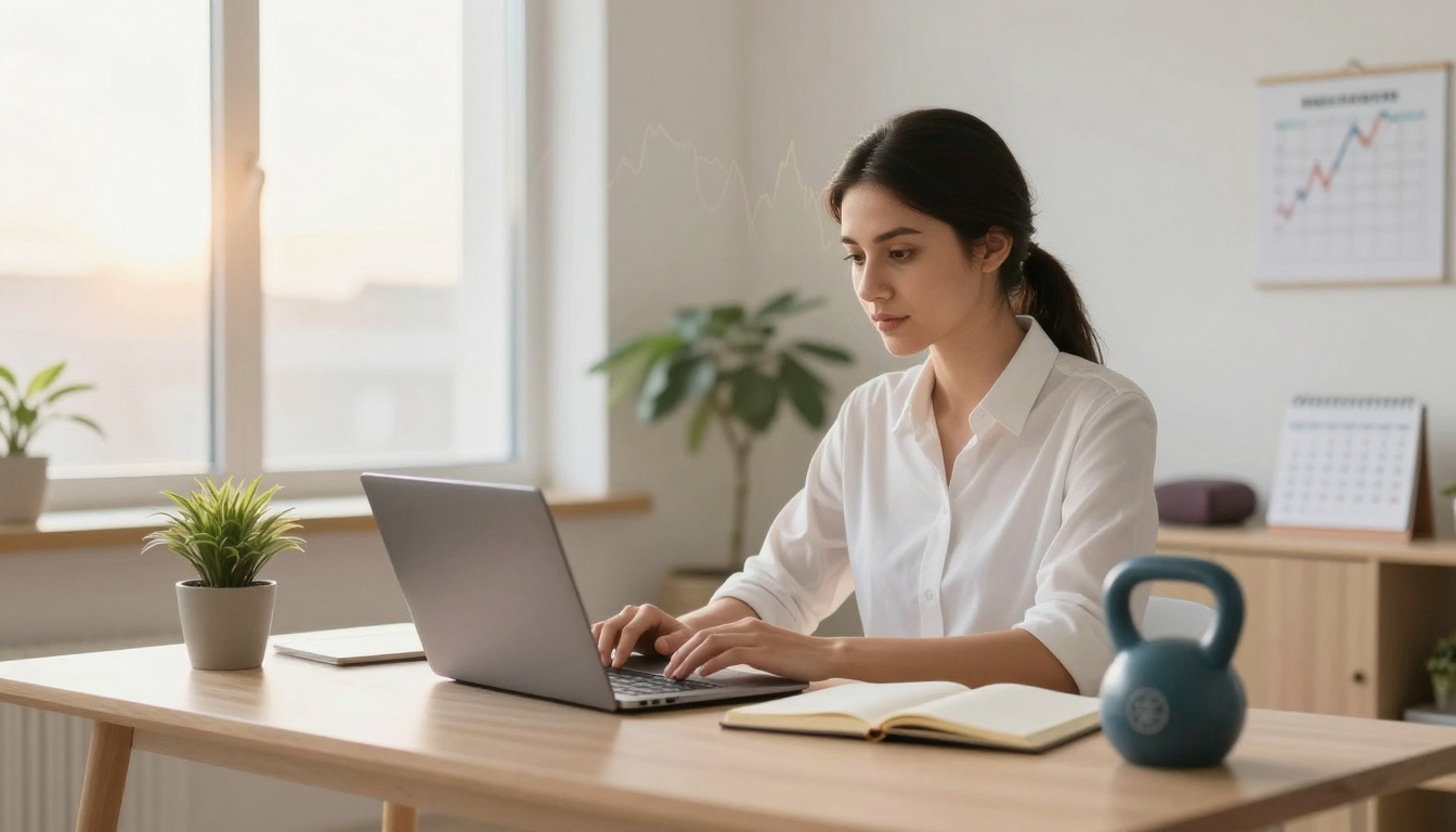 A woman in a white shirt works on a laptop at a wooden desk. Nearby are a potted plant, an open notebook, and a blue kettlebell. Sunlight filters through a window, and a wall calendar with a graph is visible in the background.
