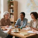 Five people sitting around a table, smiling and holding notebooks and cups. A map and bookshelves are in the background.