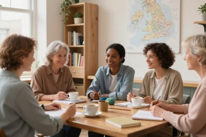 Five people sitting around a table, smiling and holding notebooks and cups. A map and bookshelves are in the background.