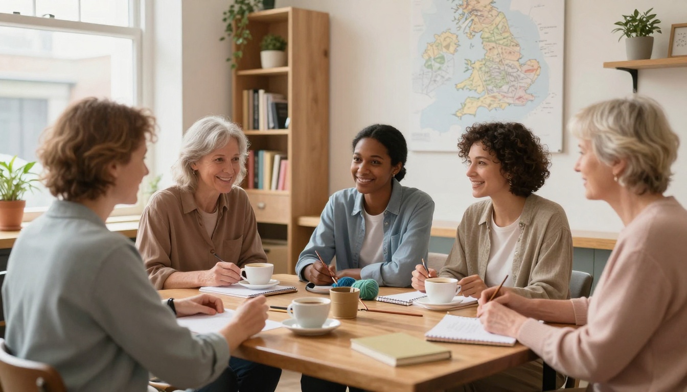 Five people sitting around a table, smiling and holding notebooks and cups. A map and bookshelves are in the background.