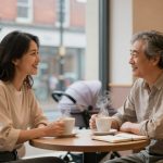 A man and a woman sit at a cafe table, smiling and talking. They each hold a cup of coffee. A notebook is on the table. A stroller is visible outside the window with rain falling.