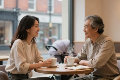 A man and a woman sit at a cafe table, smiling and talking. They each hold a cup of coffee. A notebook is on the table. A stroller is visible outside the window with rain falling.