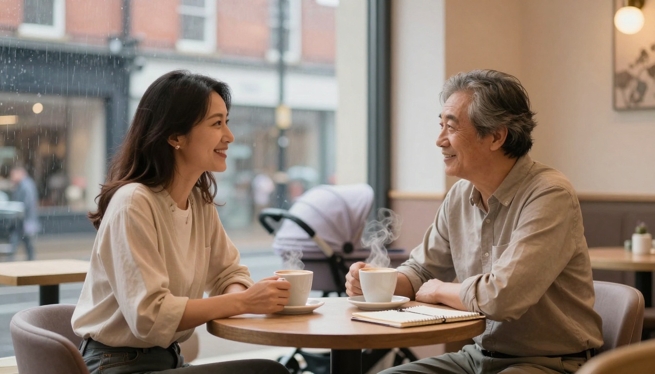 A man and a woman sit at a cafe table, smiling and talking. They each hold a cup of coffee. A notebook is on the table. A stroller is visible outside the window with rain falling.