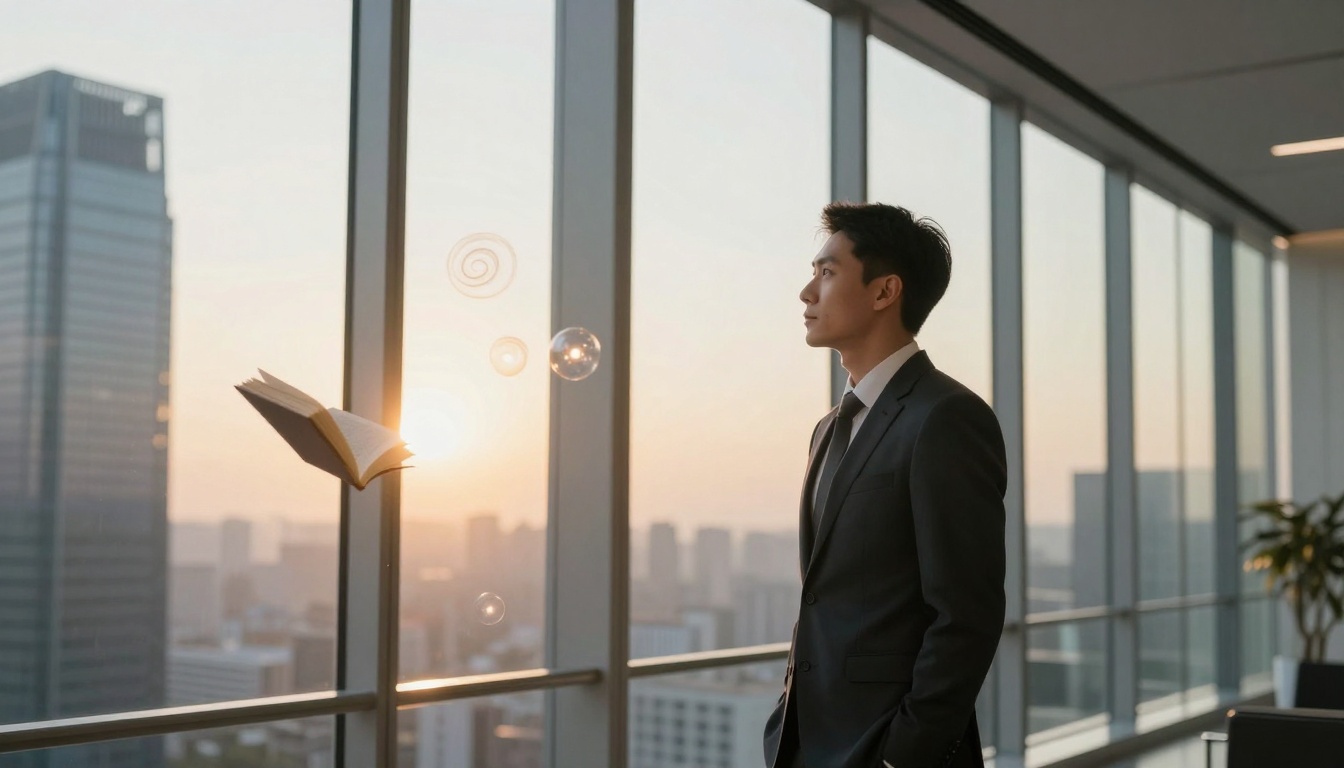 A man in a suit stands in an office, looking out a window at a cityscape during sunset. A book floats nearby with light swirls and bubbles.