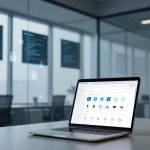 A laptop displaying a security dashboard sits on a table in a modern office with glass walls. Blurred chairs and screens in the background.
