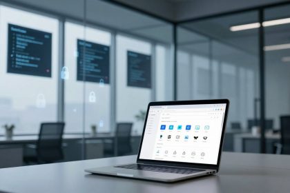 A laptop displaying a security dashboard sits on a table in a modern office with glass walls. Blurred chairs and screens in the background.