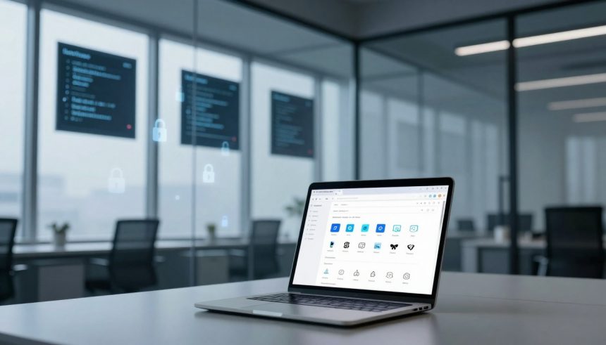 A laptop displaying a security dashboard sits on a table in a modern office with glass walls. Blurred chairs and screens in the background.