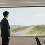 A person in a suit stands in an office, gazing out a large window at a road winding through green hills under a cloudy sky. Two desks with computers are visible.