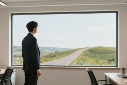 A person in a suit stands in an office, gazing out a large window at a road winding through green hills under a cloudy sky. Two desks with computers are visible.