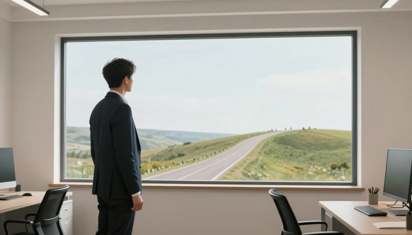 A person in a suit stands in an office, gazing out a large window at a road winding through green hills under a cloudy sky. Two desks with computers are visible.