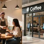 An indoor coffee shop scene on the left shows a smiling barista wearing a traditional headscarf and apron, handing a coffee to a seated woman. A man sits across from her, with a menu board visible on the wall. On the right, the exterior of the coffee shop displays a modern entrance with digital ordering kiosks outside.