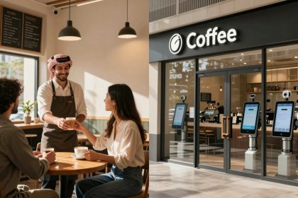 An indoor coffee shop scene on the left shows a smiling barista wearing a traditional headscarf and apron, handing a coffee to a seated woman. A man sits across from her, with a menu board visible on the wall. On the right, the exterior of the coffee shop displays a modern entrance with digital ordering kiosks outside.