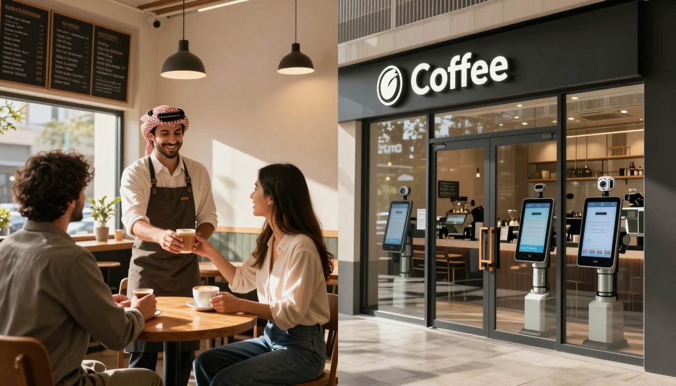 An indoor coffee shop scene on the left shows a smiling barista wearing a traditional headscarf and apron, handing a coffee to a seated woman. A man sits across from her, with a menu board visible on the wall. On the right, the exterior of the coffee shop displays a modern entrance with digital ordering kiosks outside.