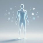 A glowing, translucent human figure stands in the center, surrounded by floating digital icons like a cloud, map pins, and a camera.