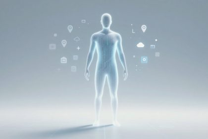 A glowing, translucent human figure stands in the center, surrounded by floating digital icons like a cloud, map pins, and a camera.