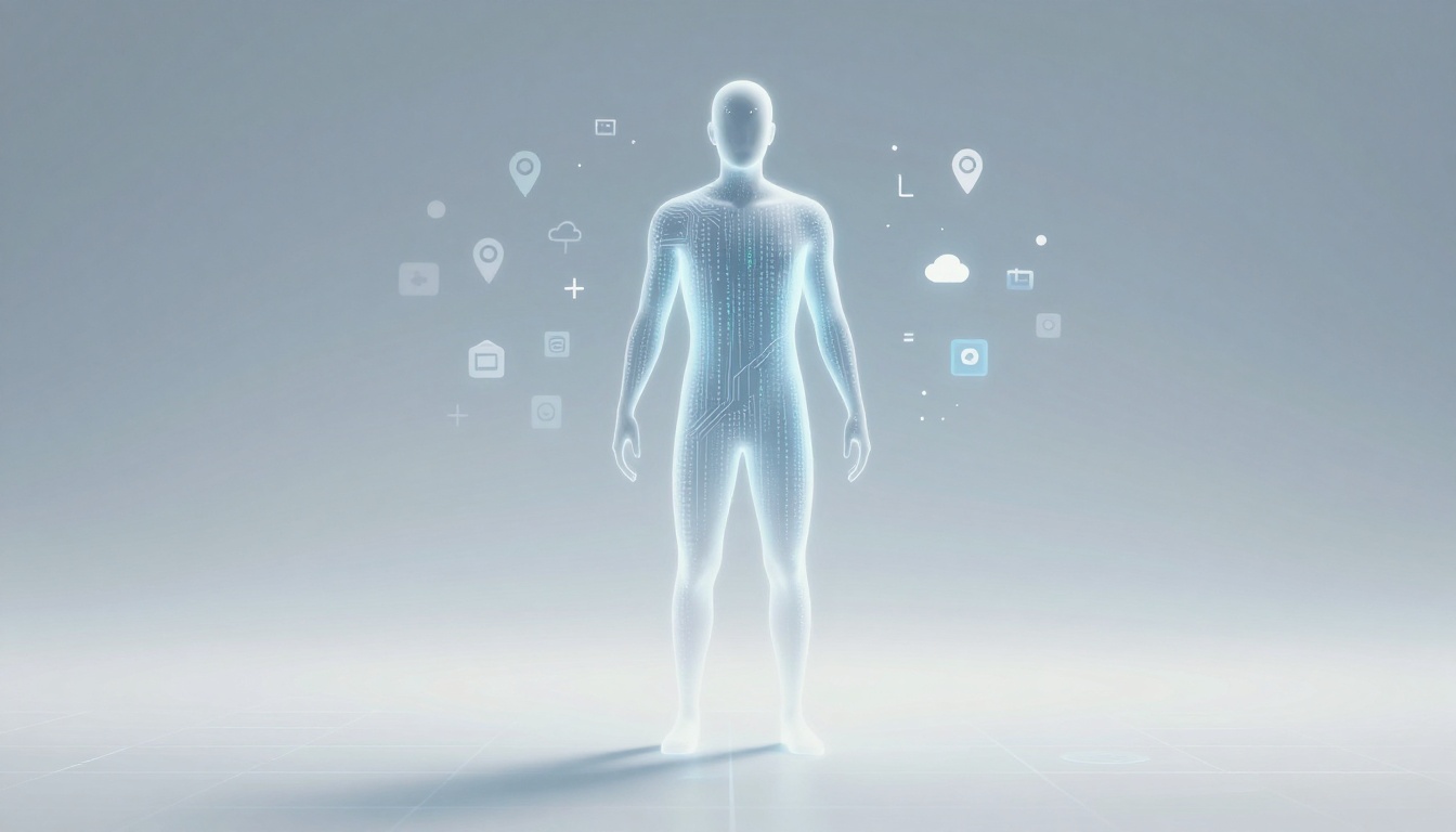 A glowing, translucent human figure stands in the center, surrounded by floating digital icons like a cloud, map pins, and a camera.