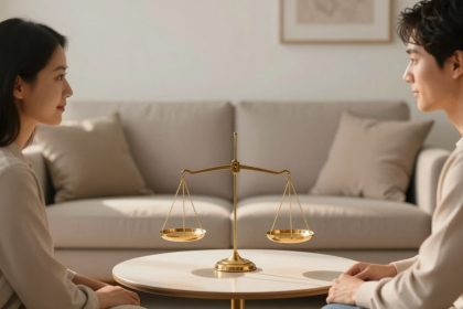 A woman and a man sit facing each other with a golden balance scale between them on a round table. The background features a beige sofa with cushions.