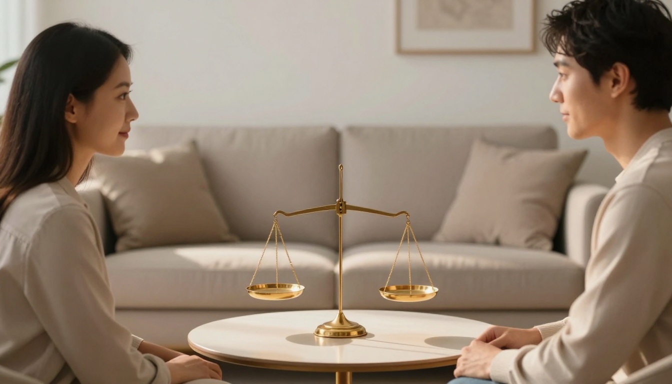 A woman and a man sit facing each other with a golden balance scale between them on a round table. The background features a beige sofa with cushions.