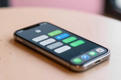 A smartphone lies on a light wooden table displaying a screen with various messaging app icons and notifications in green and blue.