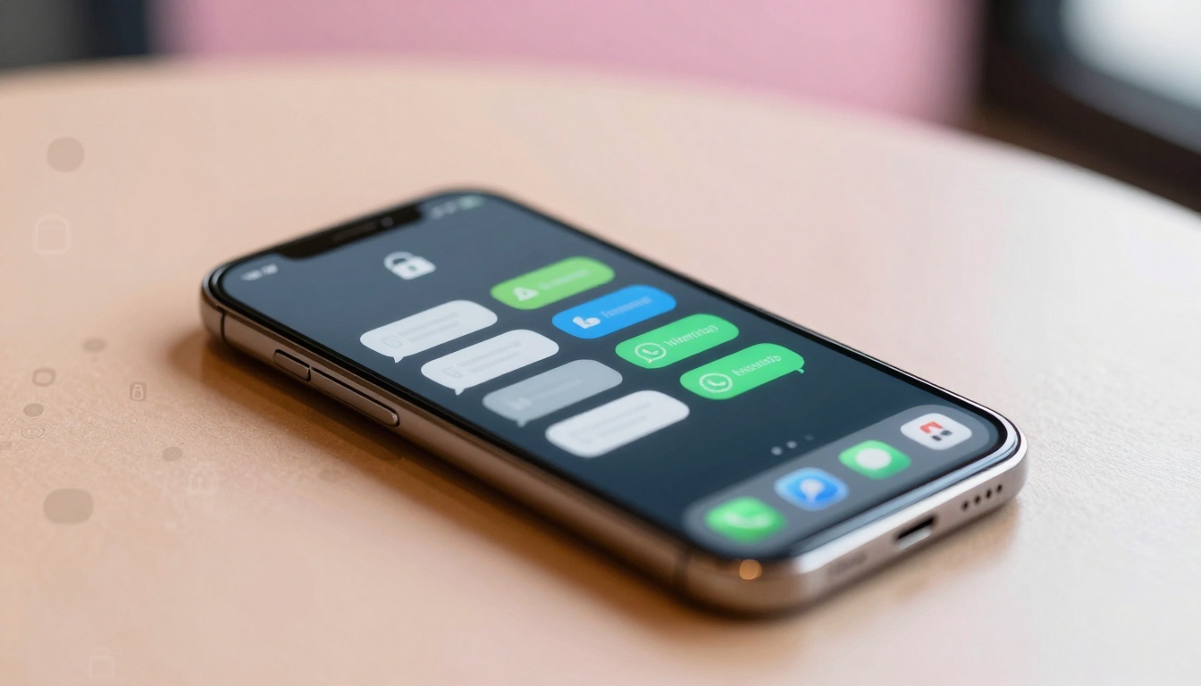 A smartphone lies on a light wooden table displaying a screen with various messaging app icons and notifications in green and blue.