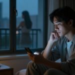 A man sitting on a bed in a dimly lit room, looking at his phone. A lamp and cup are on a table nearby. A woman stands on a balcony in the background.