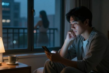 A man sitting on a bed in a dimly lit room, looking at his phone. A lamp and cup are on a table nearby. A woman stands on a balcony in the background.