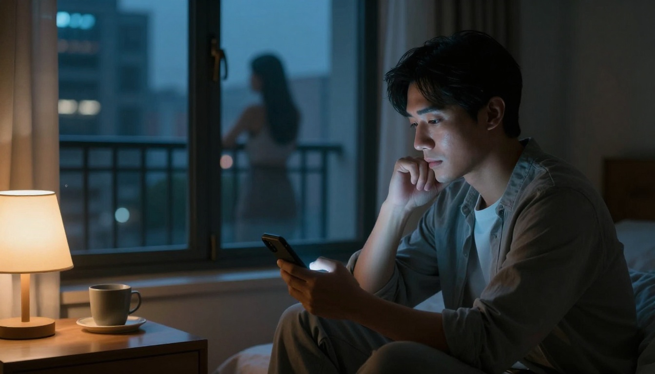 A man sitting on a bed in a dimly lit room, looking at his phone. A lamp and cup are on a table nearby. A woman stands on a balcony in the background.